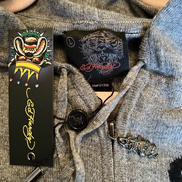 ED HARDY L Hooded Wool Blend Zip Knit Sweater Cardigan DEATH BEFORE DISH… - Picture 8 of 10